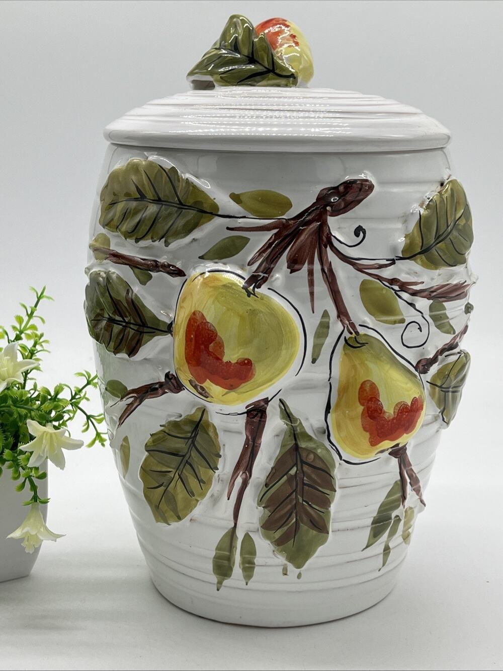Lefton Vintage Pottery Cannister Cookie Jar Made In Italy Fruit Pears And Apples